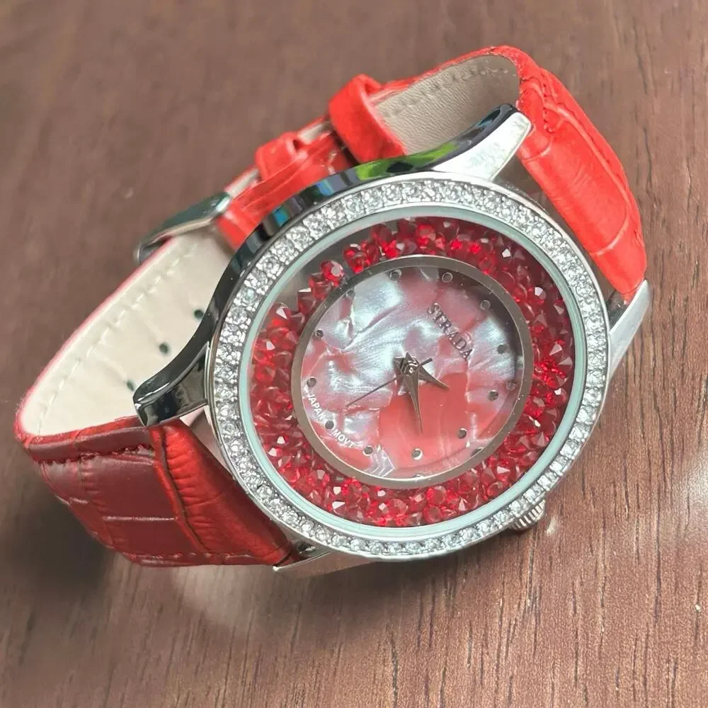 Strada Women’s Fashion Watch Red Crystals in a Box Working New Battery